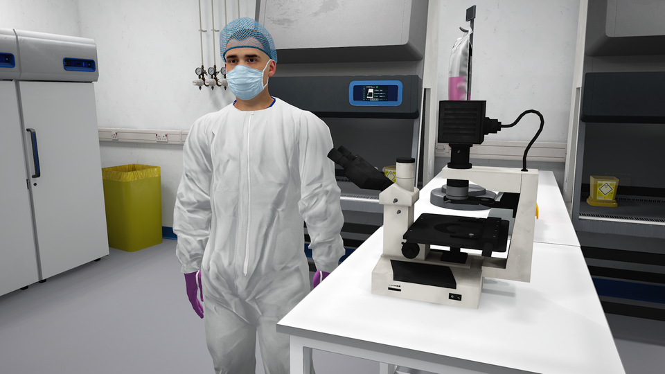 The image depicts a clean, well-lit laboratory equipped with workstations, chairs, scientific equipment, and a fume hood. The image depicts a clean, well-lit laboratory equipped with workstations, chairs, scientific equipment, and a fume hood.